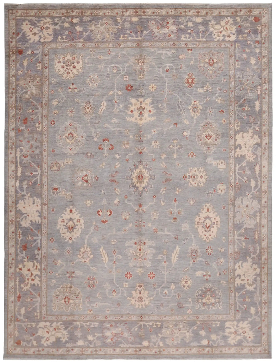 Gray & Cream Oushak Rug with Floral Border, 388 × 304 cm, overall view.