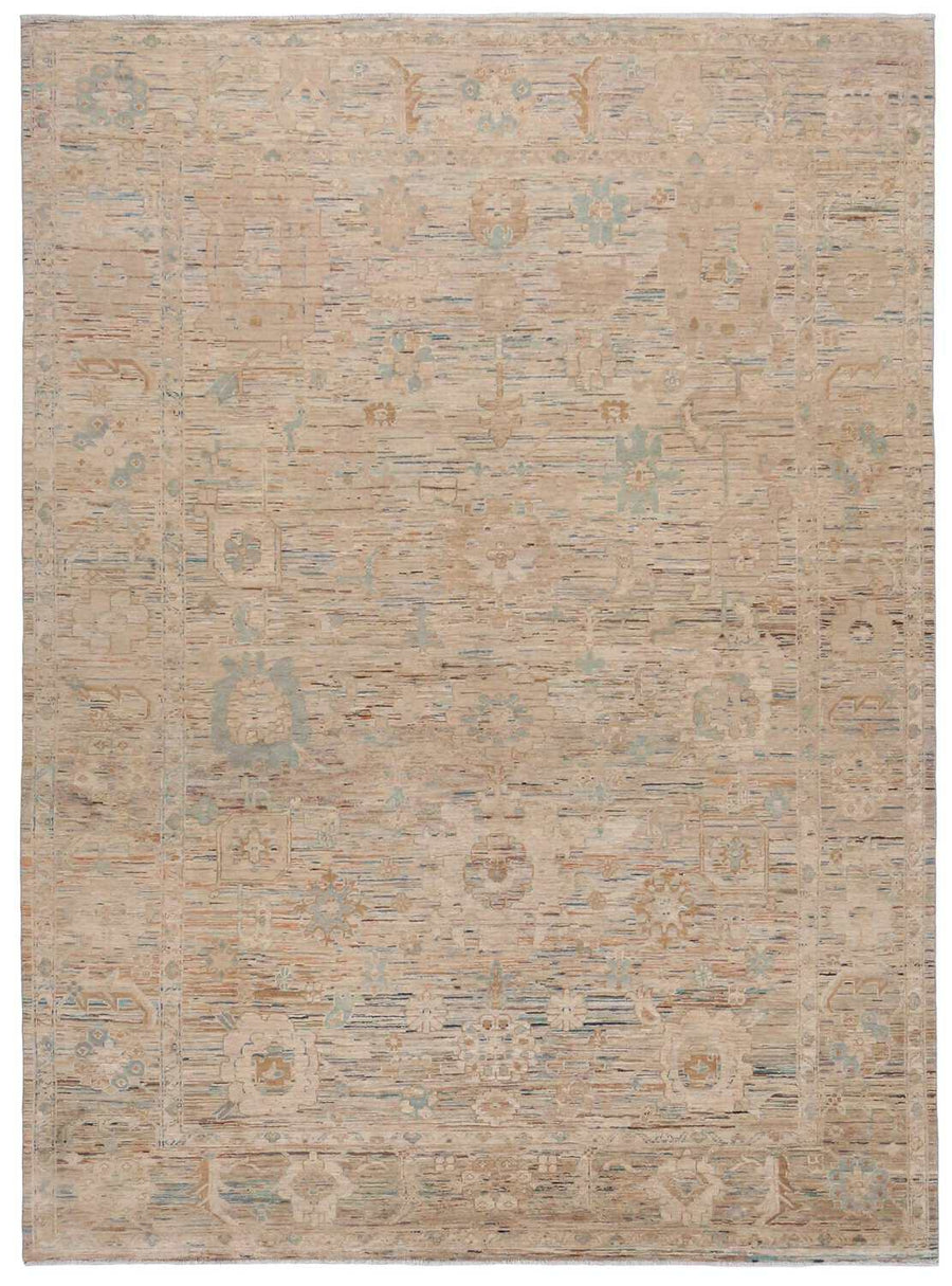 Sand Beige Afghan Rug with Fine Vines, 345 × 256 cm, overall view.