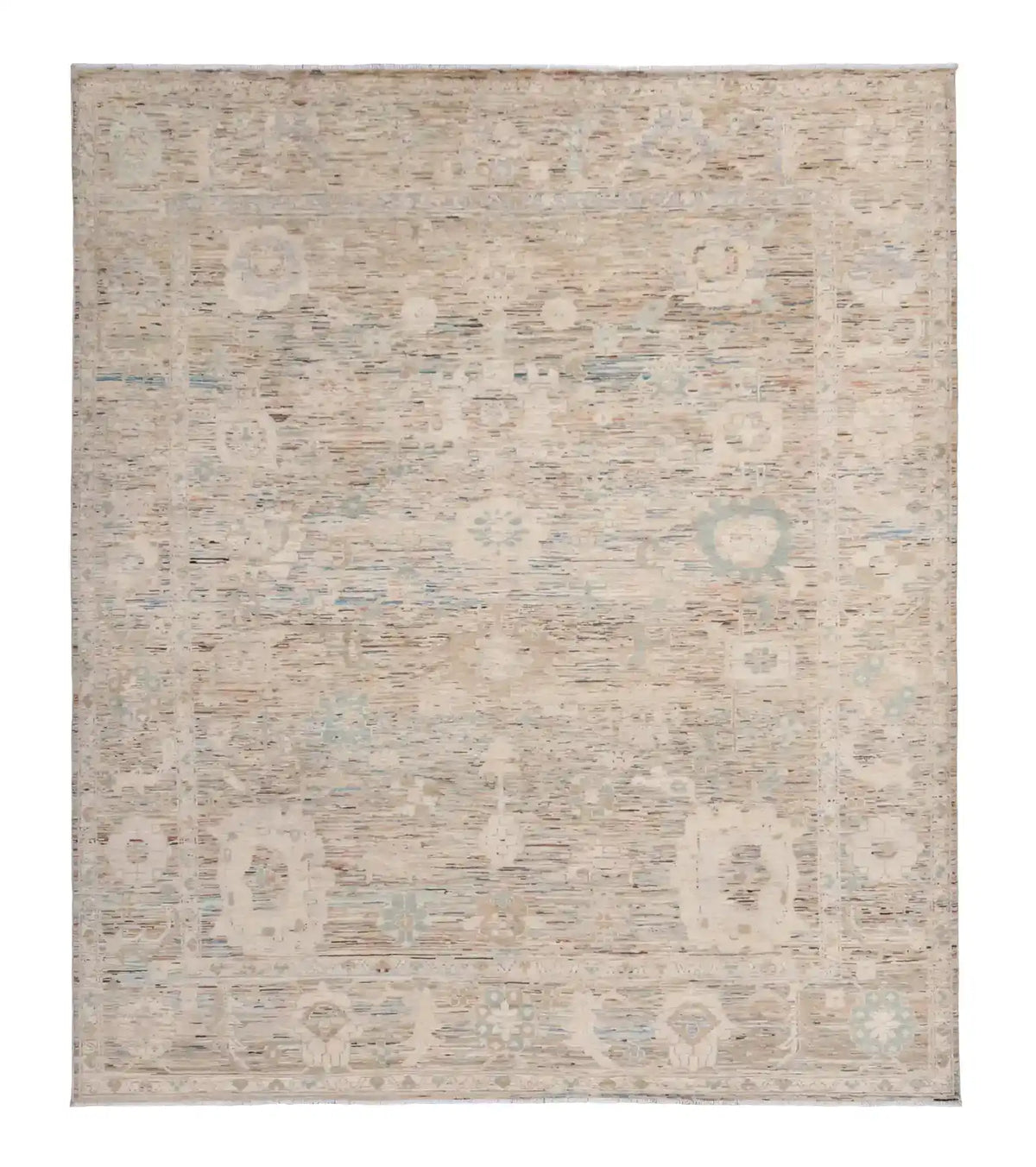 Cream-Gray Afghan Rug with Large Flowers, 293 × 250 cm, overall view.