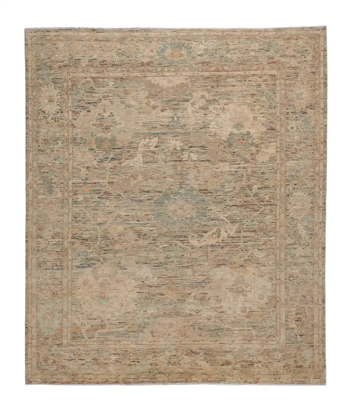 Greige Afghan Rug with Floral Border, 290 × 250 cm, overall view.