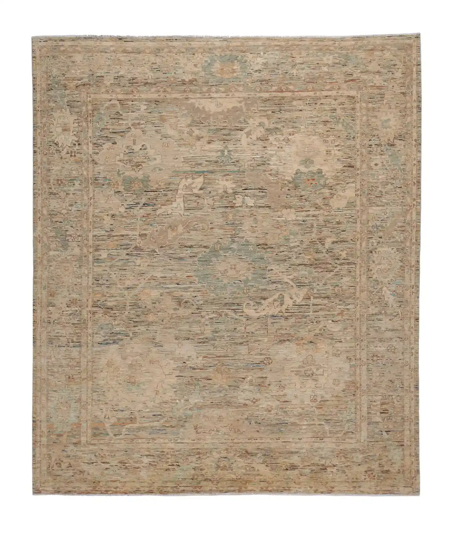 Greige Afghan Rug with Floral Border, 290 × 250 cm, overall view.