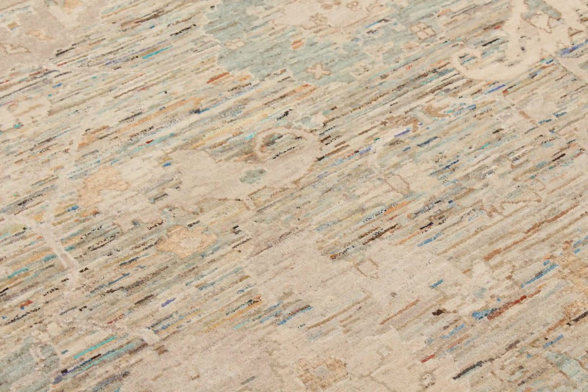 Greige Afghan Rug with Floral Border, 290 × 250 cm, view 4.