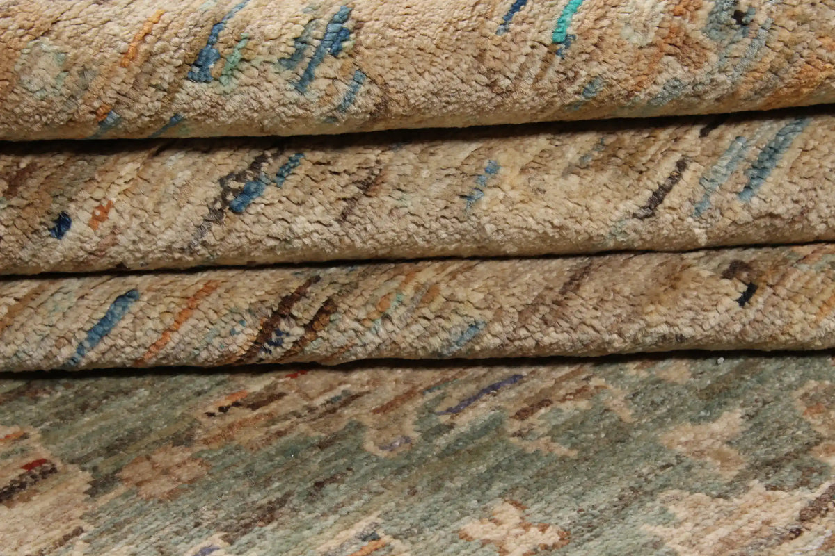 Greige Afghan Rug with Floral Border, 290 × 250 cm, view 6.