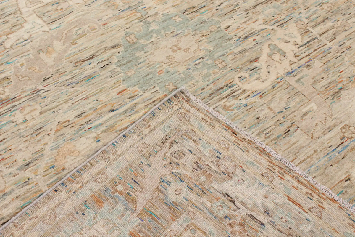 Greige Afghan Rug with Floral Border, 290 × 250 cm, view 7.