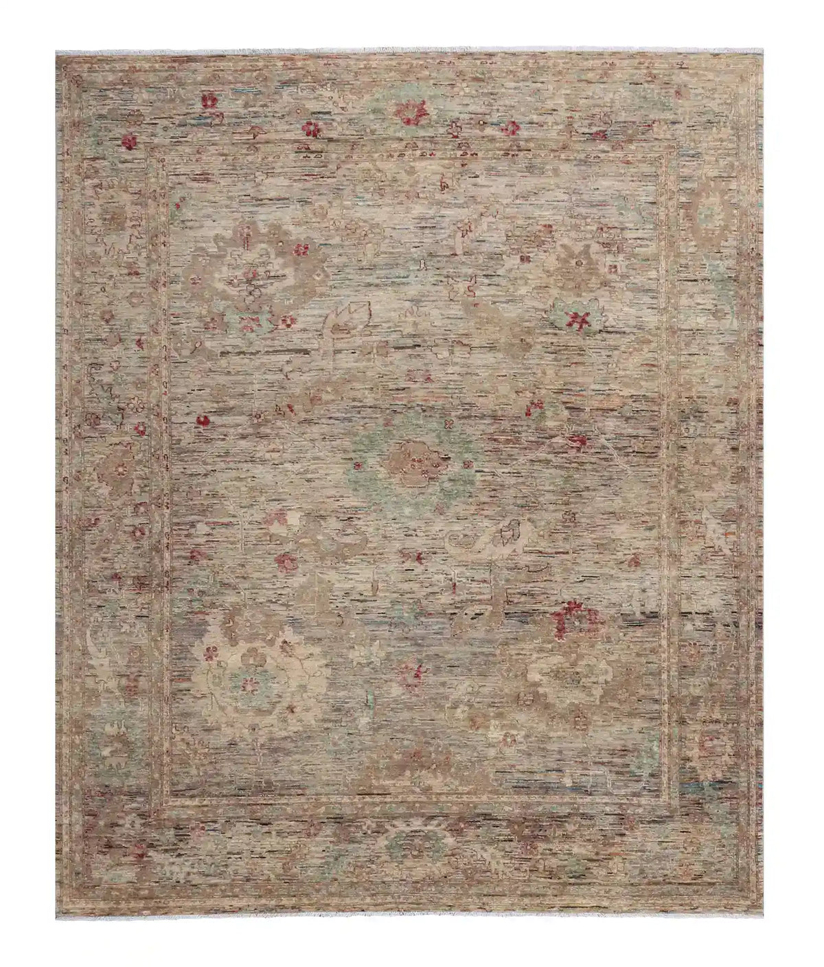 Gray Wool Rug with Small Red Flowers, 293 × 245 cm, overall view.