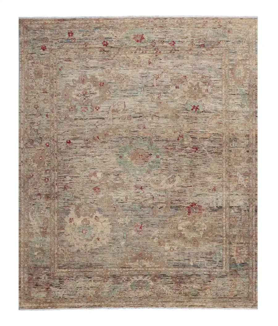 Gray Wool Rug with Small Red Flowers, 293 × 245 cm, overall view.