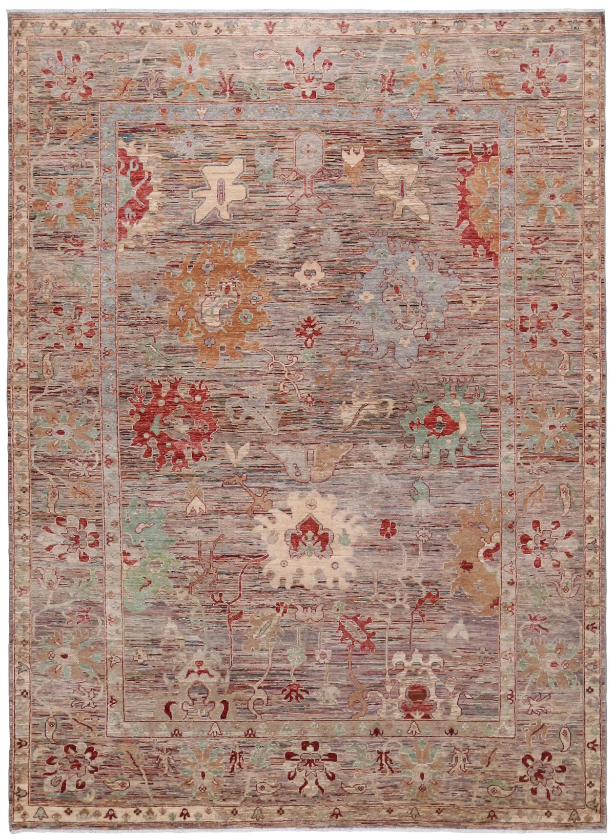 Red & Gray Afghan Rug with Large Flowers, 343 × 254 cm, overall view.