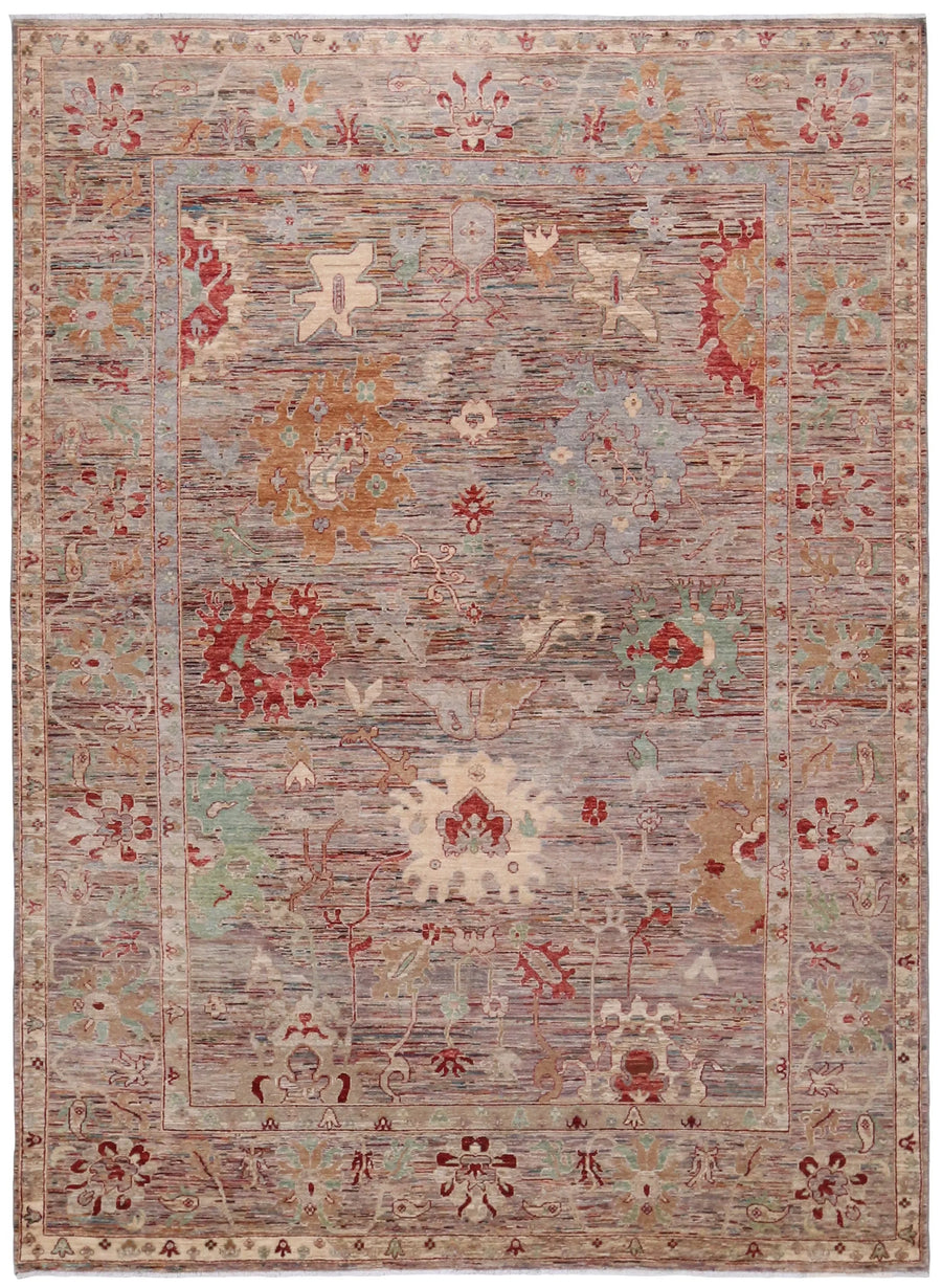 Red & Gray Afghan Rug with Large Flowers, 343 × 254 cm, overall view.
