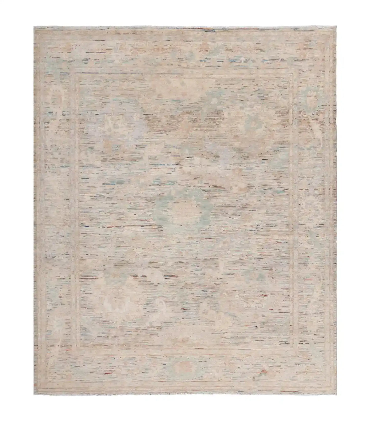 Cream Afghan Rug with Green Flowers, 293 × 249 cm, overall view.