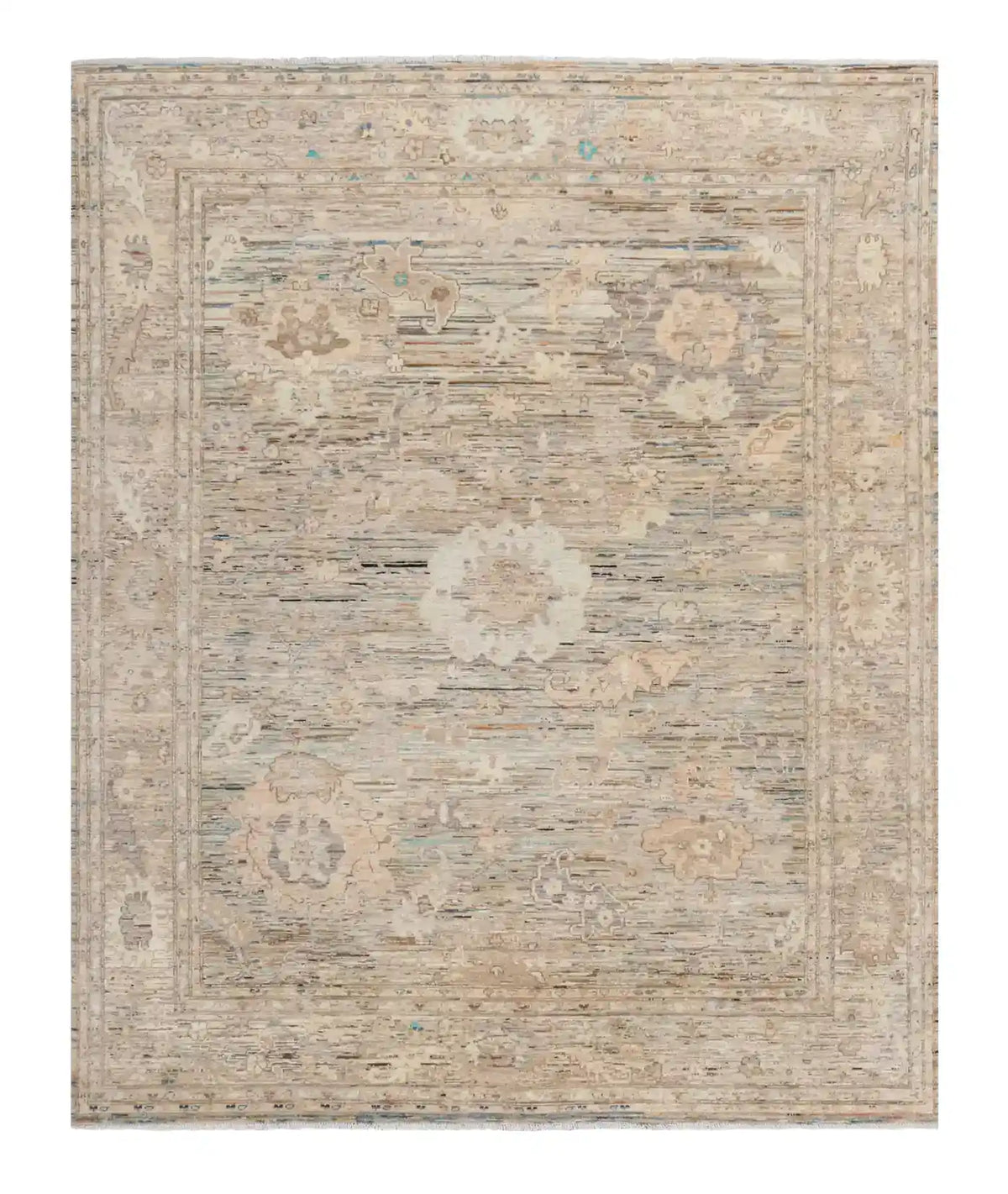 Light Afghan Rug with Fine Flowers & Border, 302 × 250 cm, overall view.