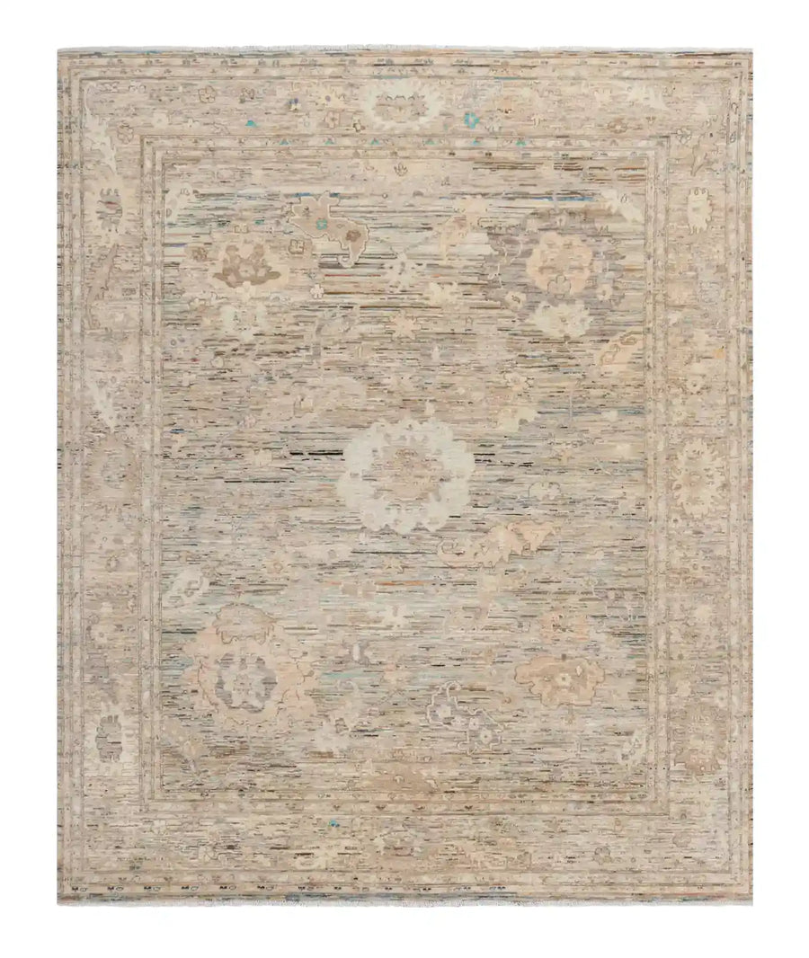Light Afghan Rug with Fine Flowers & Border, 302 × 250 cm, overall view.