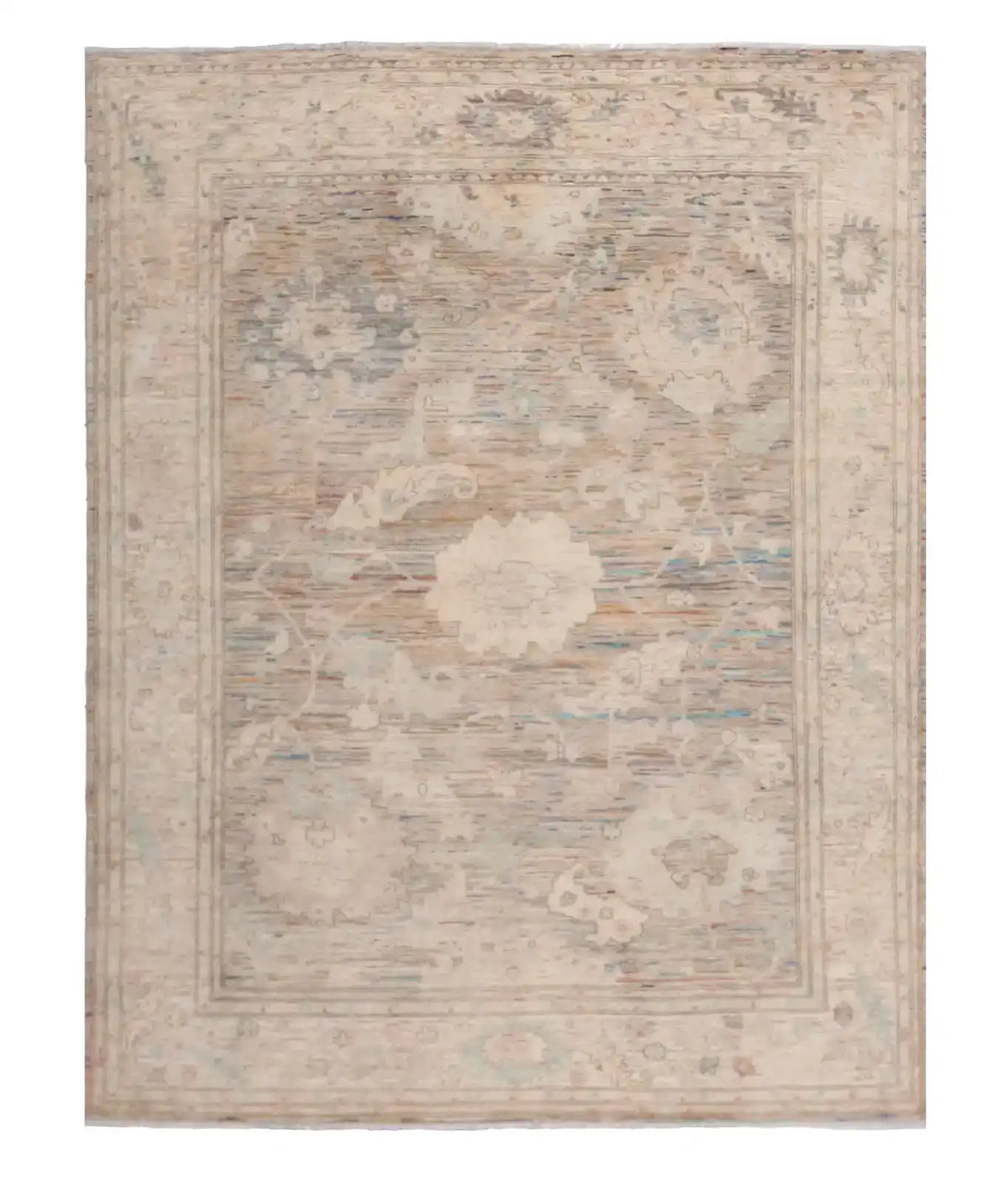 Taupe Afghan Rug with Large Flowers & Border, 295 × 238 cm, overall view.