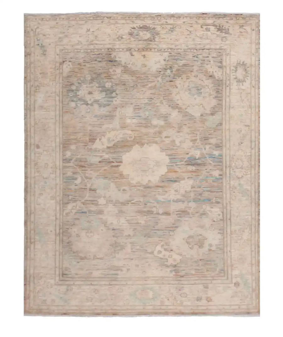 Taupe Afghan Rug with Large Flowers & Border, 295 × 238 cm, overall view.