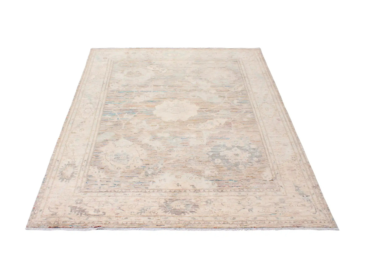 Taupe Afghan Rug with Large Flowers & Border, 295 × 238 cm, view 2.