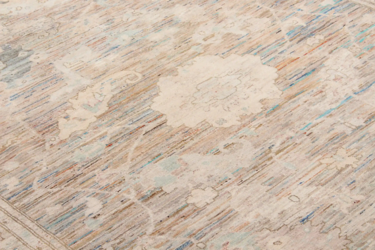 Taupe Afghan Rug with Large Flowers & Border, 295 × 238 cm, view 4.
