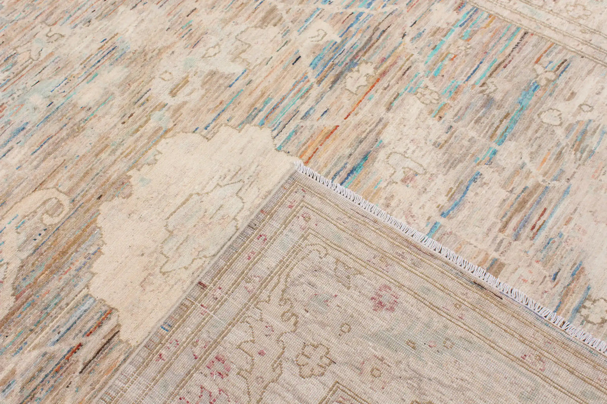 Taupe Afghan Rug with Large Flowers & Border, 295 × 238 cm, view 5.