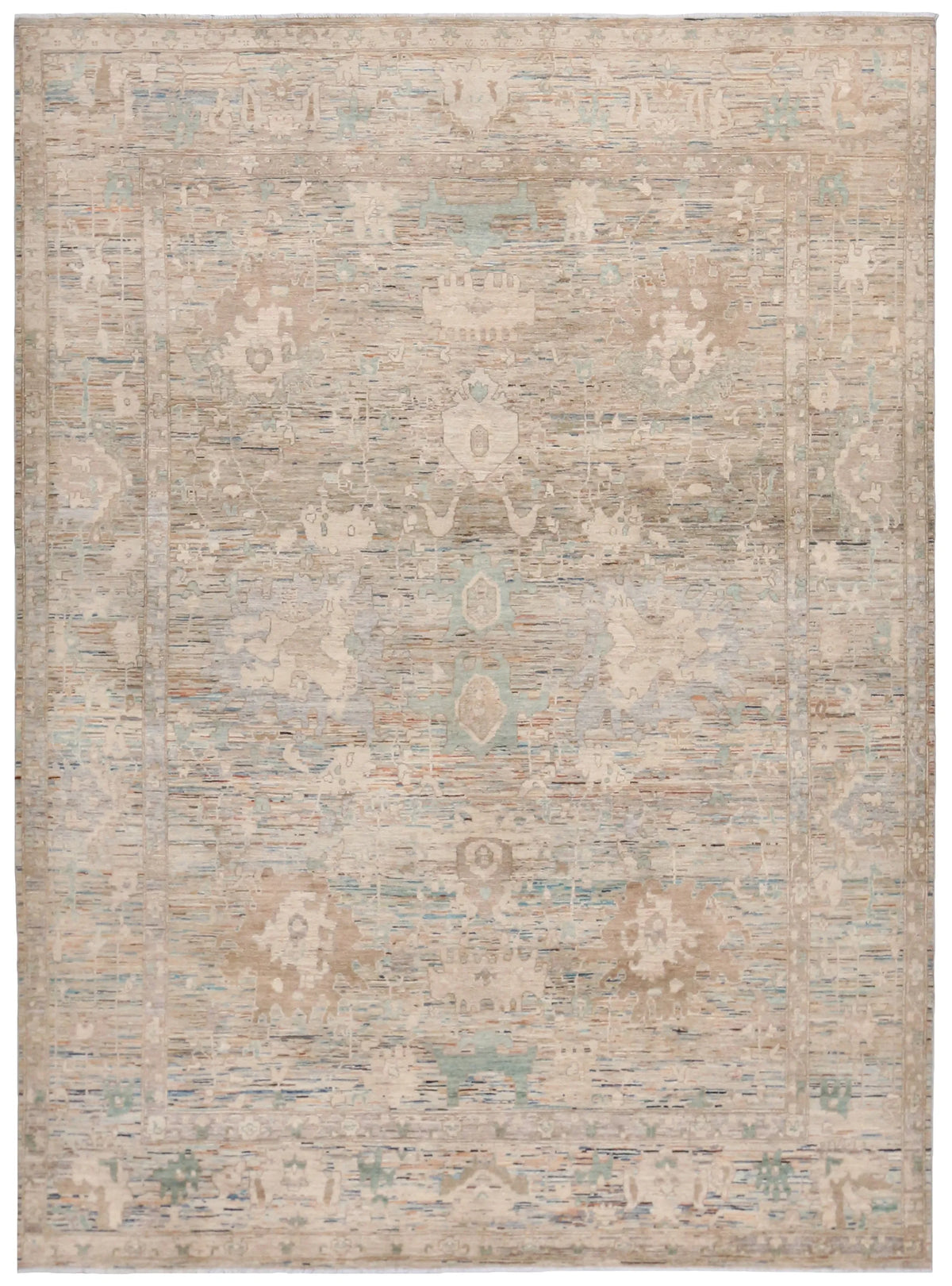 Light Gray Wool Rug with Cream Rosettes, 355 × 263 cm, overall view.