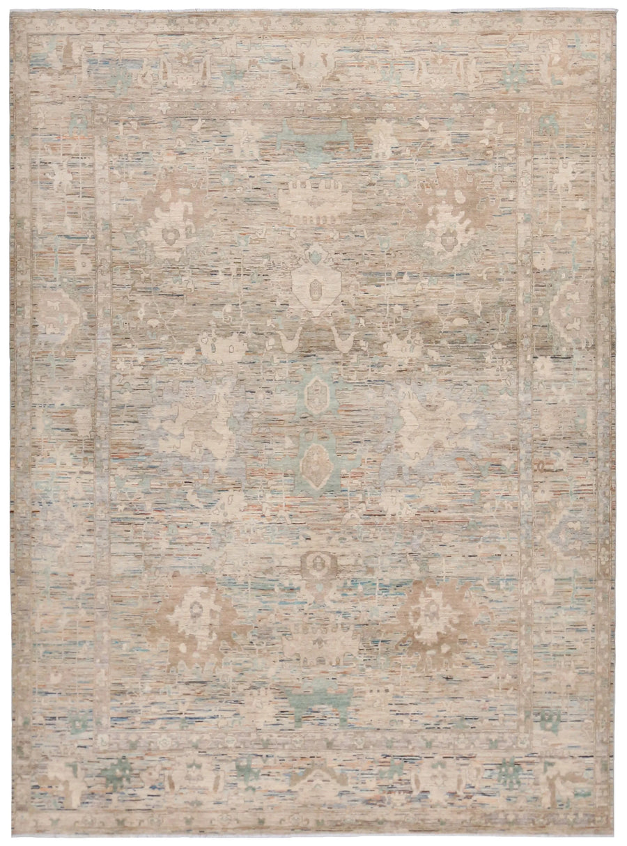 Light Gray Wool Rug with Cream Rosettes, 355 × 263 cm, overall view.