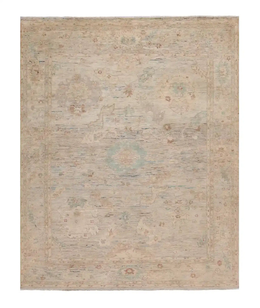 Light Wool Rug with Beige Floral Detail, 286 × 240 cm, overall view.