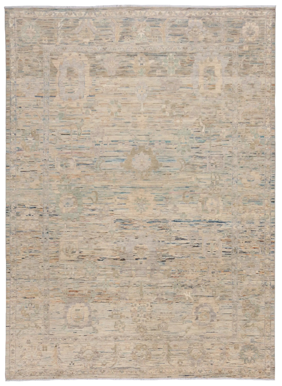 Cream Afghan Rug with Delicate Blue Flowers, 346 × 255 cm, overall view.