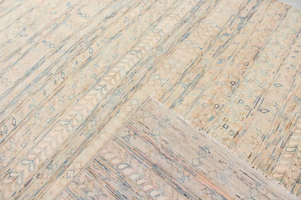 Cream & Blue Berjasta Rug with Geometric Rows, 348 × 253 cm, view 6.
