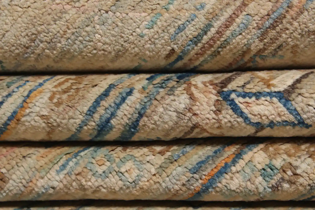 Cream & Blue Berjasta Rug with Geometric Rows, 348 × 253 cm, view 7.
