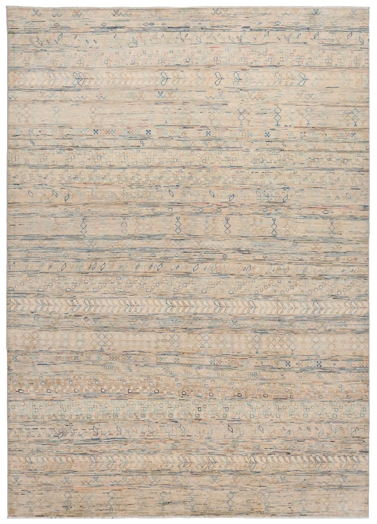 Cream & Blue Berjasta Rug with Geometric Rows, 348 × 253 cm, overall view.
