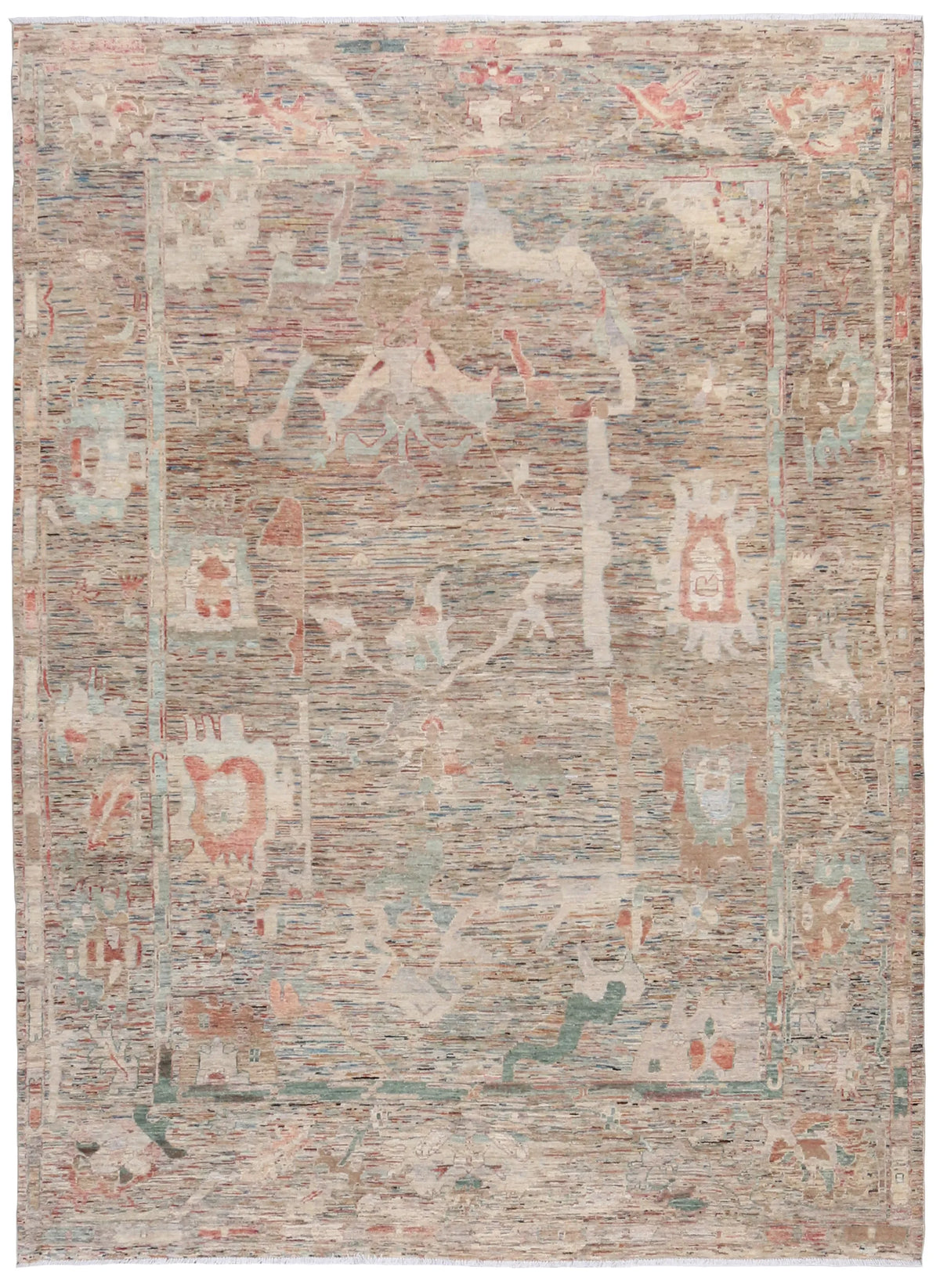 Sage & Pink Afghan Rug with Flowing Vines, 341 × 252 cm, overall view.