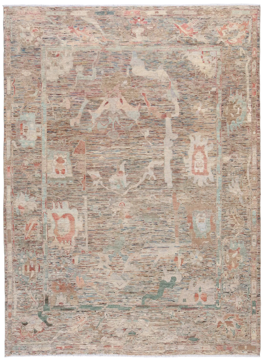 Sage & Pink Afghan Rug with Flowing Vines, 341 × 252 cm, overall view.