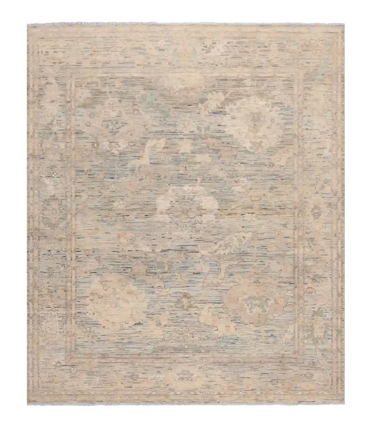 Cream Wool Rug with Delicate Blue Flowers, 291 × 248 cm, overall view.