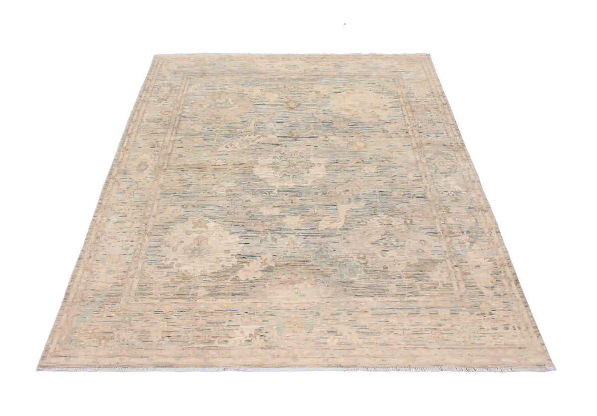 Cream Wool Rug with Delicate Blue Flowers, 291 × 248 cm, view 2.