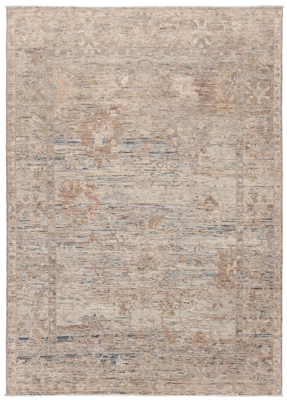 Beige Wool Rug with Fine Cream Flowers, 353 × 255 cm, overall view.