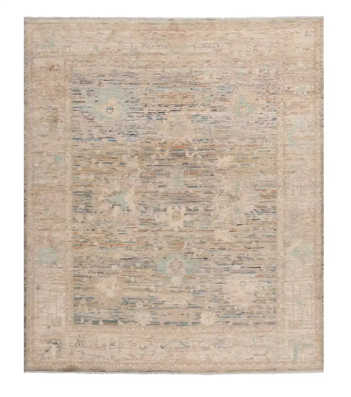 Cream Afghan Rug with Blue Floral Border, 288 × 250 cm, overall view.