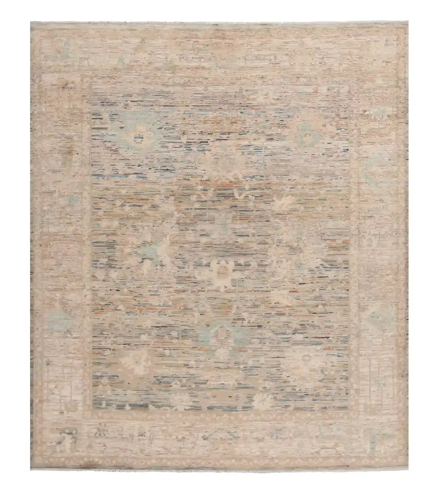 Cream Afghan Rug with Blue Floral Border, 288 × 250 cm, overall view.