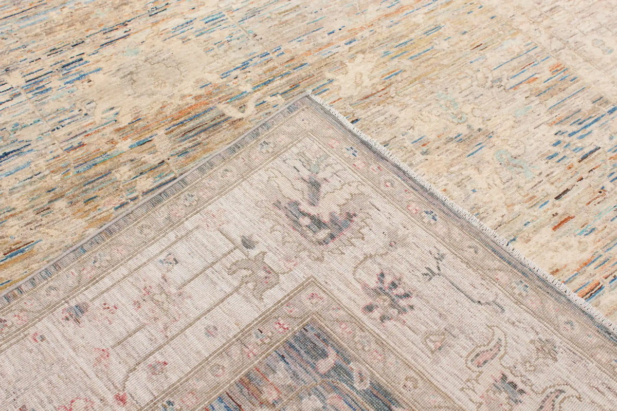 Cream Afghan Rug with Blue Floral Border, 288 × 250 cm, view 7.