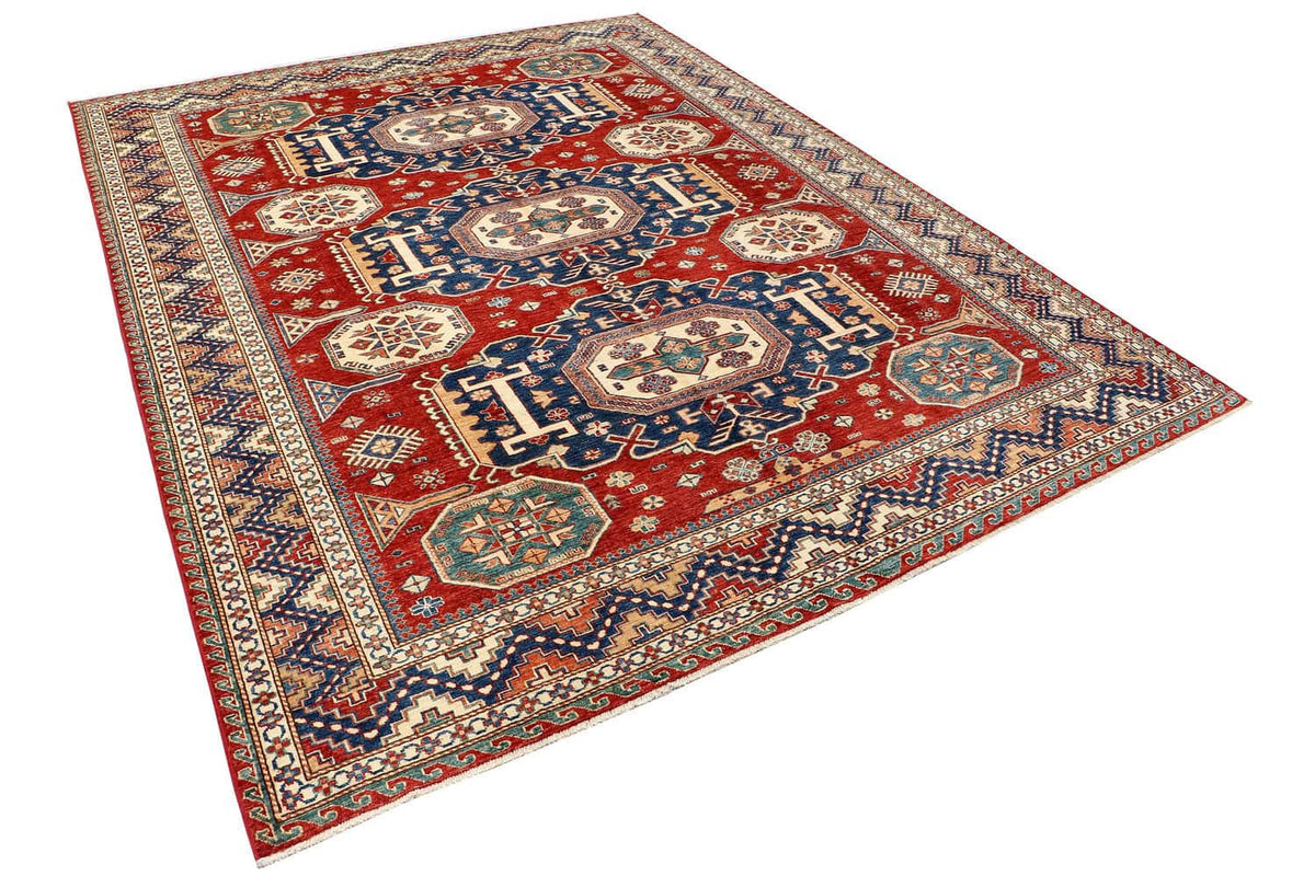 Red Super Kazak Rug with Blue Medallions, 310 × 248 cm, view 2.
