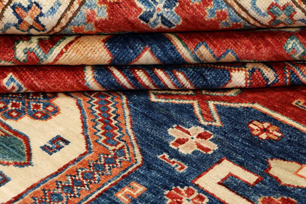 Red Super Kazak Rug with Blue Medallions, 310 × 248 cm, view 5.