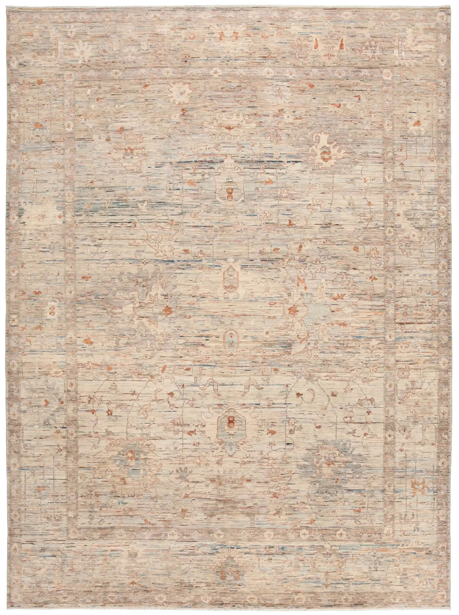 Cream Afghan Rug with Fine Blue Motifs, 390 × 297 cm, overall view.