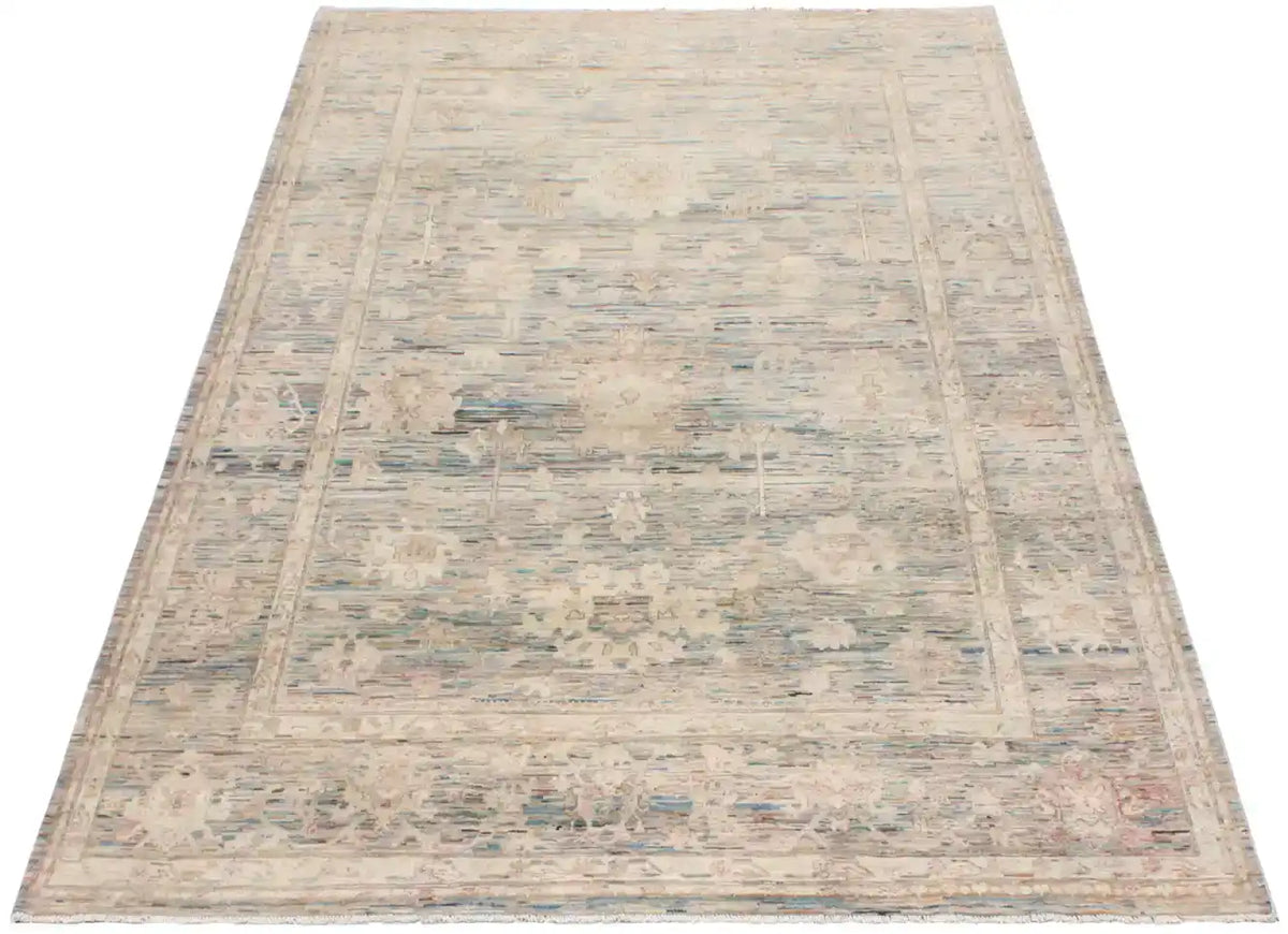 Pastel Blue Afghan Rug with Cream Flowers, 345 × 248 cm, view 2.