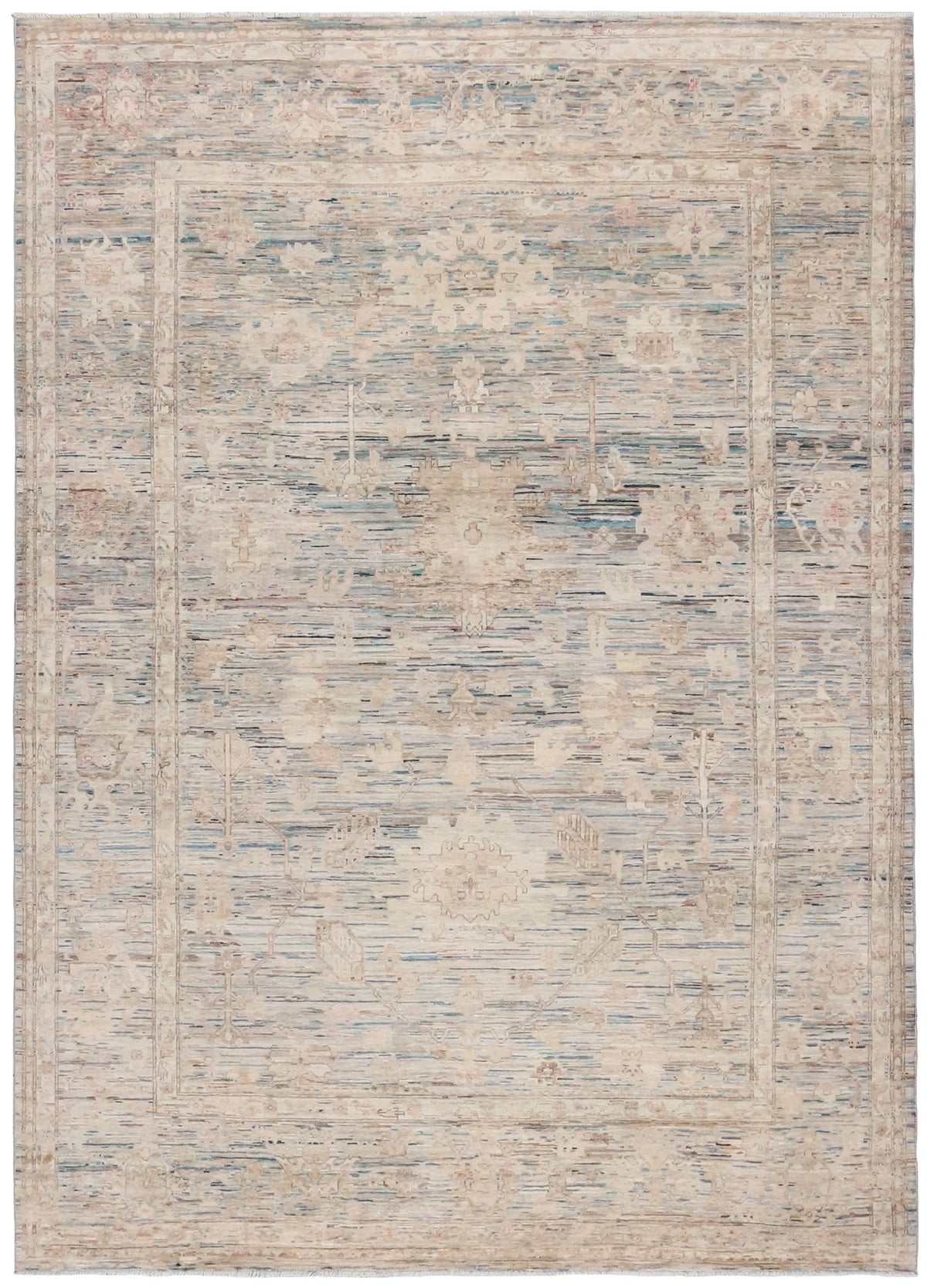 Pastel Blue Afghan Rug with Cream Flowers, 345 × 248 cm, overall view.