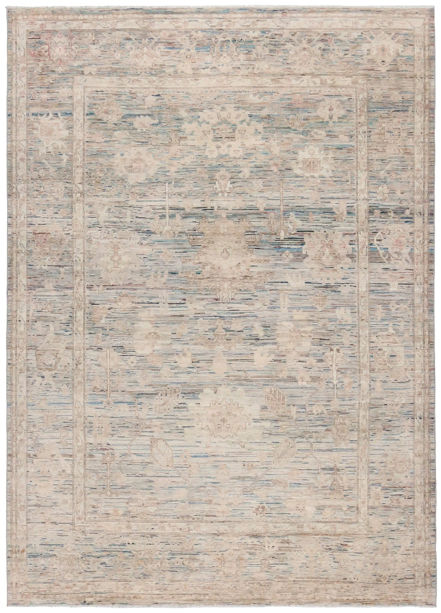 Pastel Blue Afghan Rug with Cream Flowers, 345 × 248 cm, overall view.