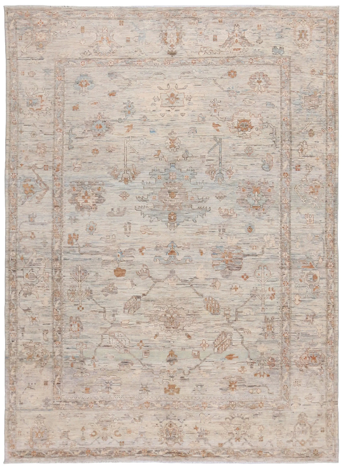 Cream Afghan Rug with Rust Flowers & Border, 339 × 250 cm, overall view.