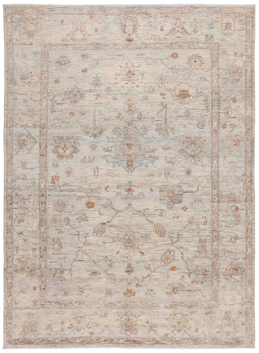 Cream Afghan Rug with Rust Flowers & Border, 339 × 250 cm, overall view.