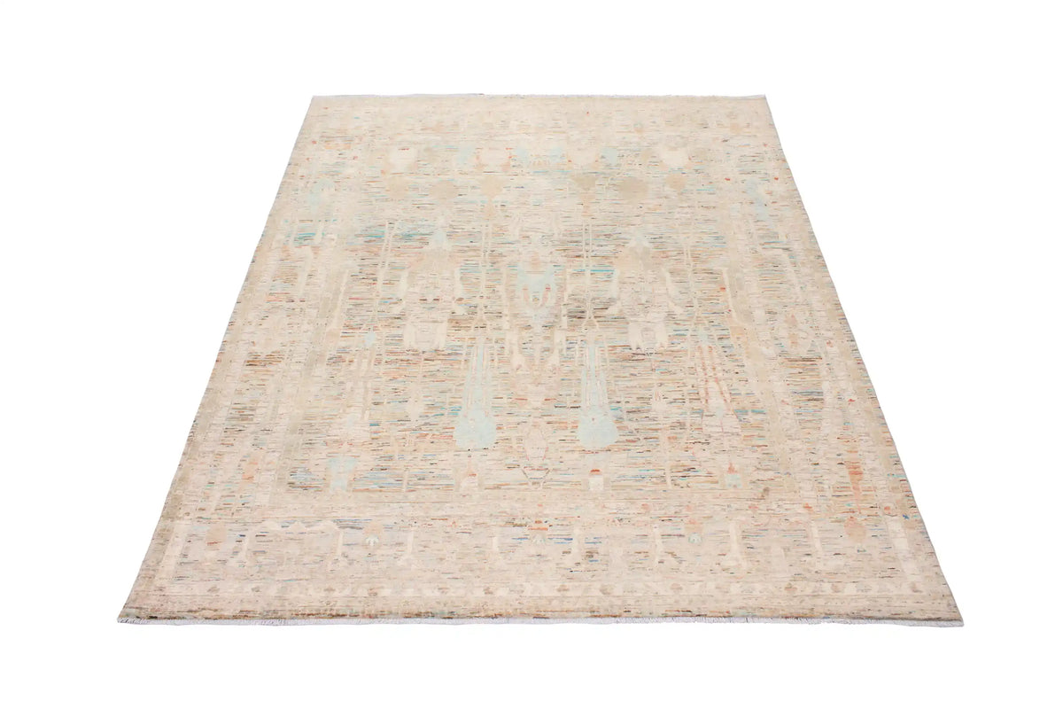 Beige Afghan Rug with Green Floral Detail, 298 × 254 cm, view 2.