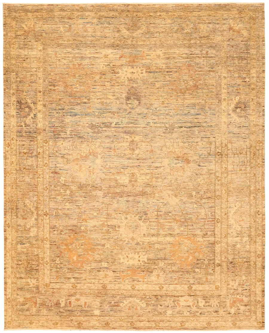 Golden Beige Afghan Rug with Abstract Floral Motifs, 367 × 304 cm, overall view.