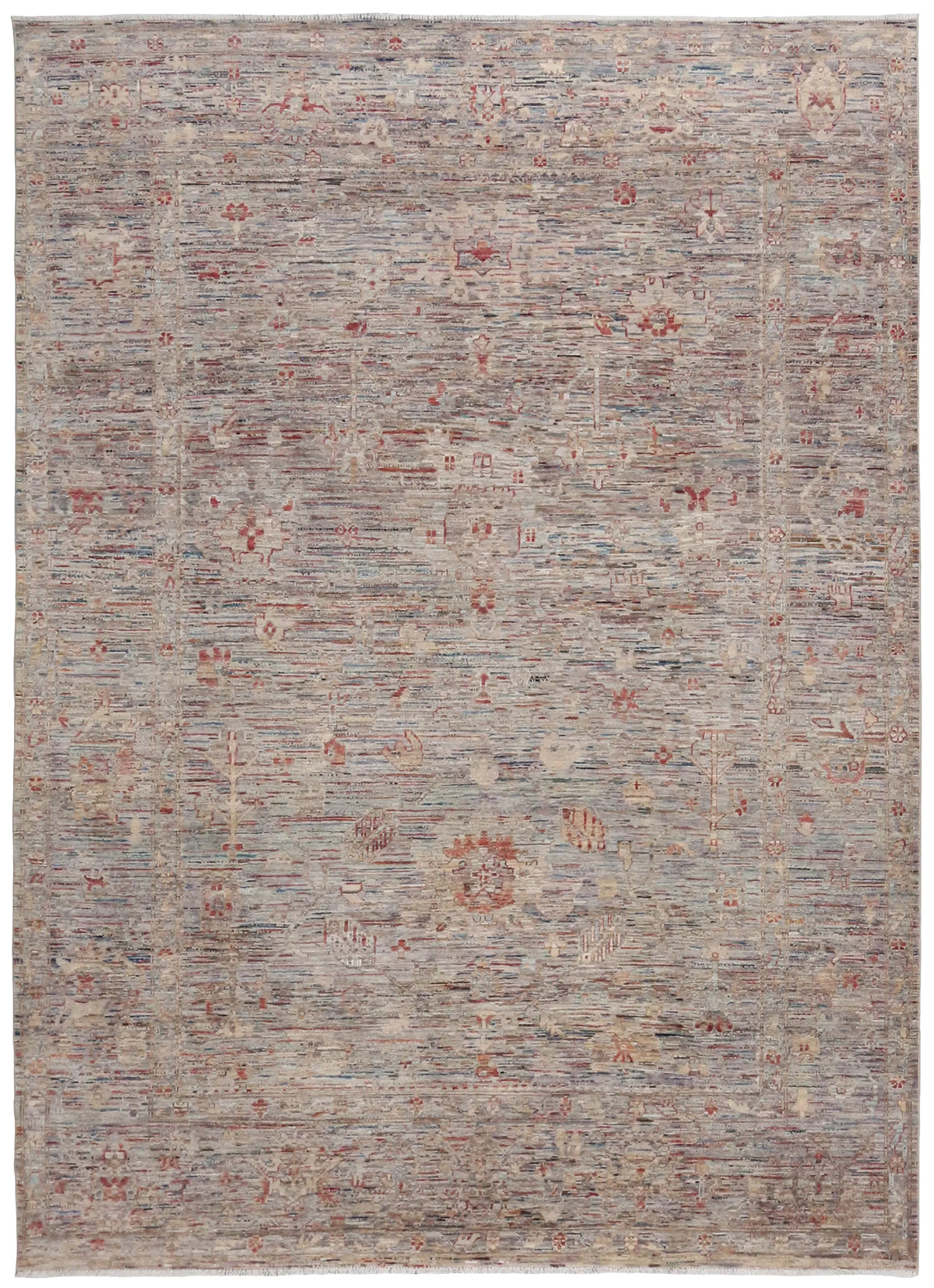 Gray Afghan Rug with Small Red Floral Accents, 340 × 251 cm, overall view.
