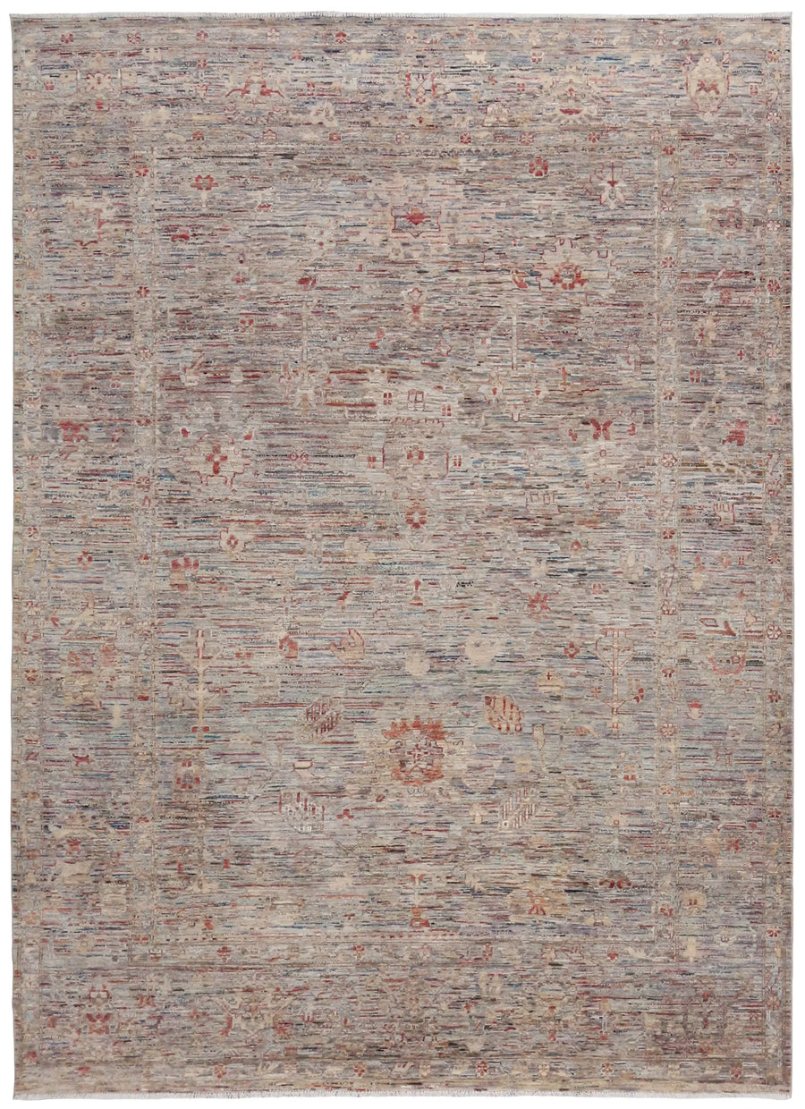 Gray Afghan Rug with Small Red Floral Accents, 340 × 251 cm, overall view.