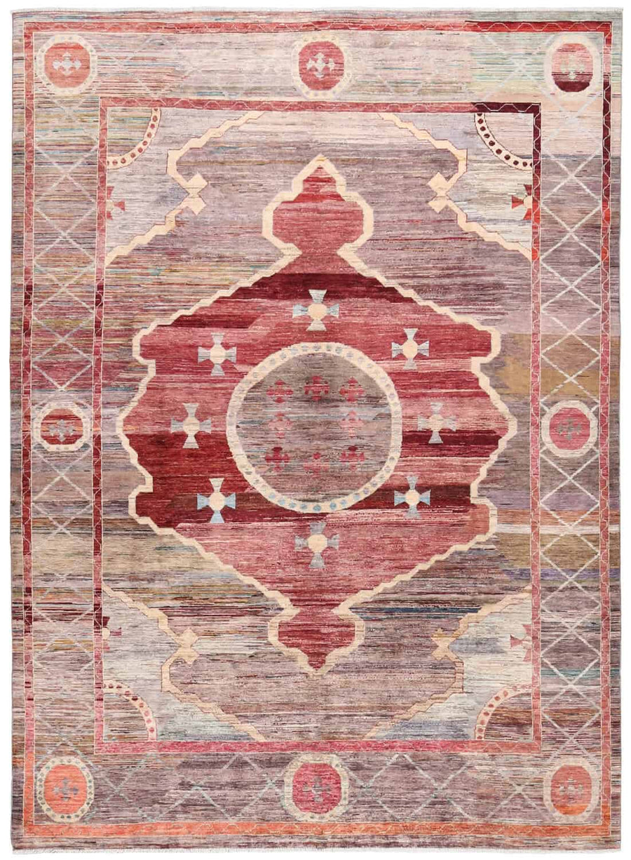 Gray Afghan Rug with a Red Medallion, 351 × 257 cm, overall view.