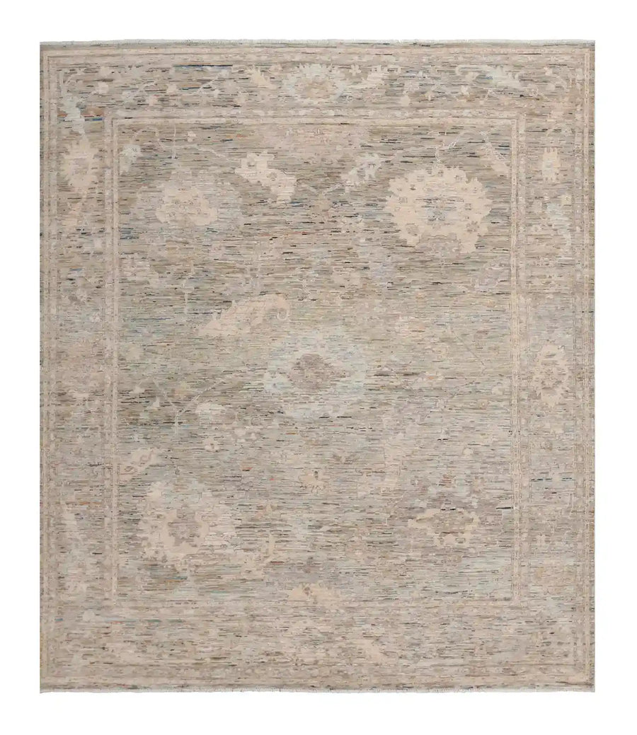 Light Afghan Rug with Large Gray Flowers, 284 × 248 cm, overall view.