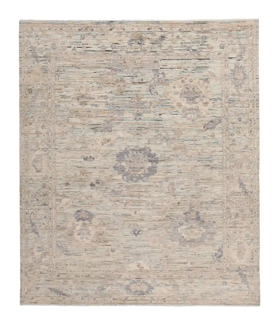 Cream-Gray Wool Rug with Fine Vine Motifs, 300 × 248 cm, overall view.